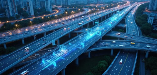Aerial view of busy highway interchange at night. Blue digital data streams overlay the road system showing smart city traffic management. Cars move along illuminated lanes.