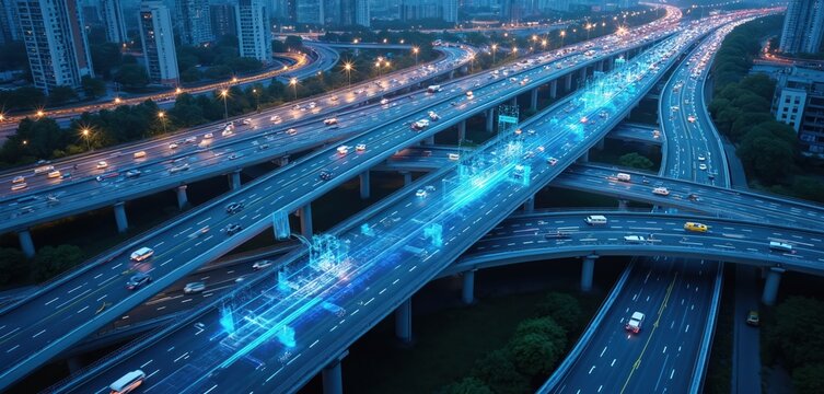 Aerial view of busy highway interchange at night. Blue digital data streams overlay the road system showing smart city traffic management. Cars move along illuminated lanes. - Powered by Adobe