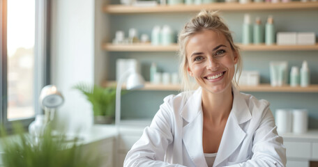 Happy young smiling woman cosmetologist sits in modern beauty salon office. Wears white uniform coat, looks cheerful at camera. Pro doctor provides skincare, aesthetic, wellness treatment. Clean spa