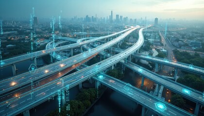 Aerial view of modern city highway interchange with busy vehicles moving. Digital tech overlays show smart transport, data flow, future urban mobility. Complex road network connects large metropolis