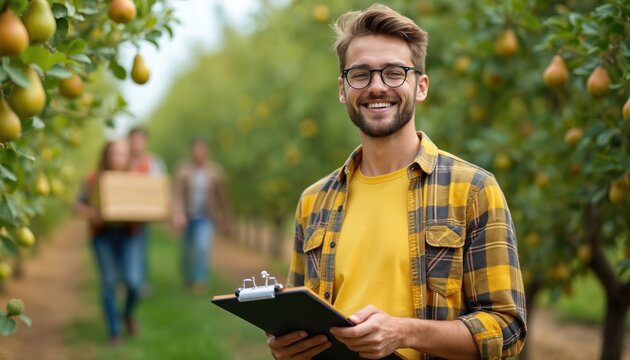 Man in glasses stands in pear orchard holding clipboard. Other people carry box with pears. Agriculture student checks fruit growing process. Young farmer works with crop. Healthy food production.