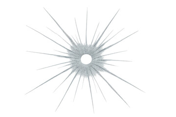 Obraz premium Bullet hole in glass creating radial cracks, showing damage, impact, and shattering with transparent background
