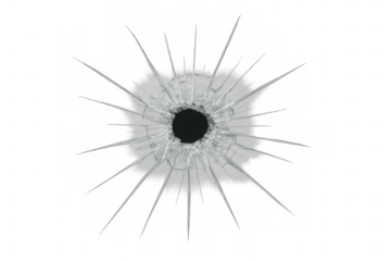Bullet hole smashing through transparent glass, cracked surface showing destruction and impact from a weapon