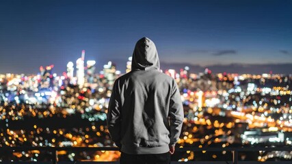 Person with a hoodie watching the cityscape at night with the colorful lights, bokeh and the building silhouettes.