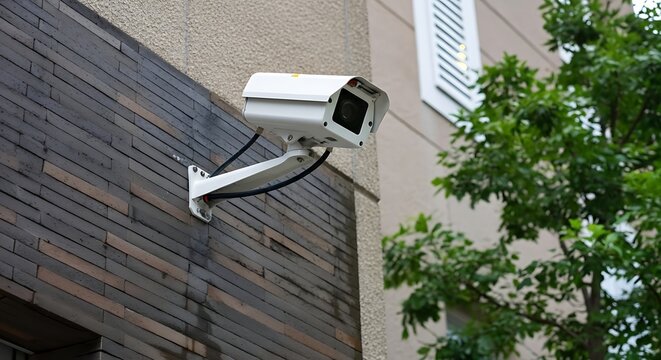 Security surveillance camera mounted on building wall
