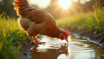 Brown hen drinks water from puddle on farm at sunset. Sunlight shines on bird grazing near green grass. Rural hen pecks liquid in shallow pool. Nature and wildlife scene.