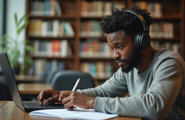 Focused Black student works on laptop in university library. Wears headphones, types on keyboard, writes notes in book with pen. Guy learns, concentrates on education, uses modern tech for study