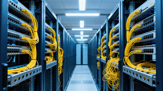 In a well-lit data center, server racks are arranged in neat rows, filled with yellow networking cables. The setting showcases a modern technological environment focused on data management