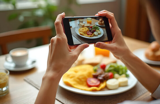 Young woman takes photo of breakfast with smartphone. She prepares for social media food blog. Female captures meal for online content. Mobile photography for modern blog. Food presentation indoors.