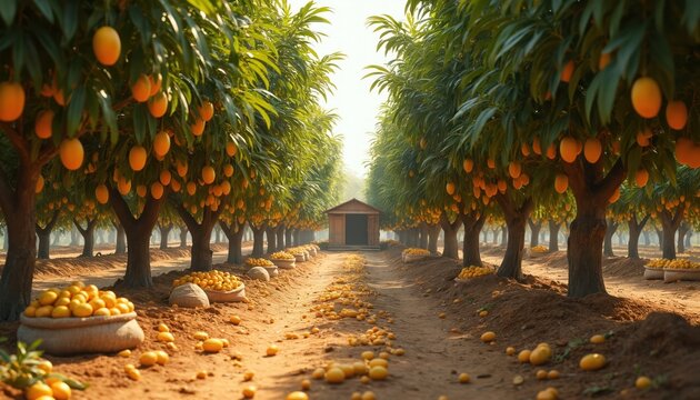 Rows of ripe yellow mango trees laden with fruit in an orchard. Sacks full of harvested mangoes lie on ground. Small wooden shed sits at end of path. Sunny day. - Powered by Adobe