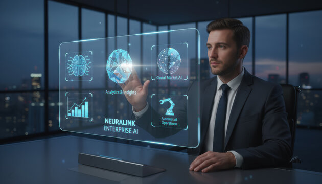 A young businessman in a suit engages with holographic AI displays in an upscale office overlooking a city skyline at night. He analyzes market data and automated operations with ease