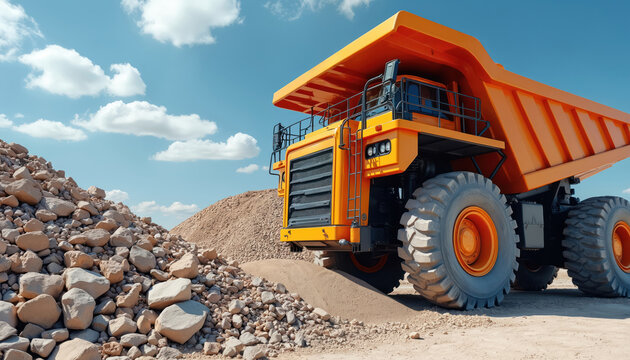 Big orange dump truck unloads crushed rock on construction site. Heavy machinery moves earth and aggregate in an industrial landscape under a blue sky with clouds.