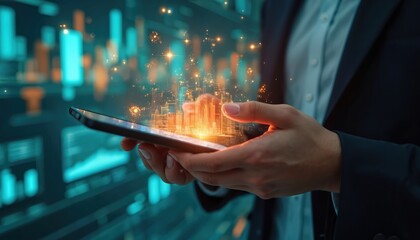 Person holds smartphone showing digital city. Data streams flow from screen. Futuristic tech displays show charts. Business person uses device for analytics, future planning.