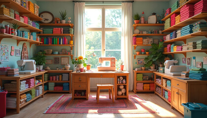 Sewing room with shelves full of fabric, thread. Two sewing machines sit on wooden tables. Window lets in light onto workspace with stool. Colorful textiles, crafting supplies are neatly organized.