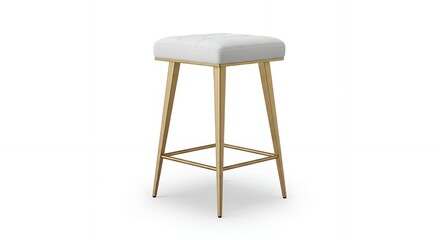 A modern backless bar stool with a white tufted square seat and slender gold metal legs, isolated on a plain white background.