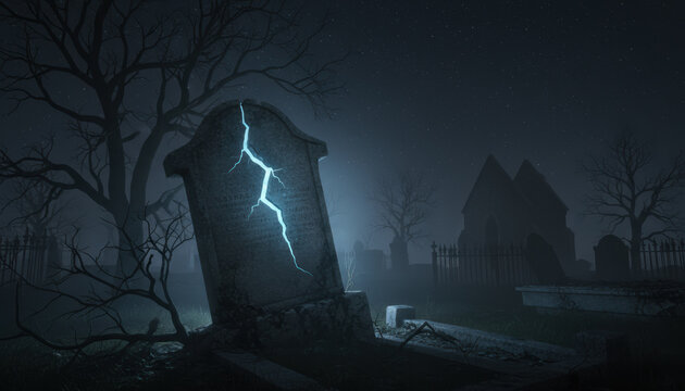 In a dark graveyard, a cracked tombstone stands out as lightning strikes, creating a dramatic and eerie atmosphere. Gnarled trees surround the graves, adding to the spookiness of the setting