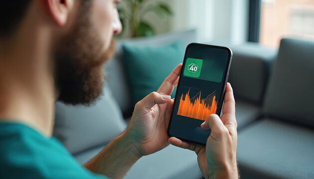Man uses a health app on his cellphone at home. He checks fitness statistics. Digital data on the mobile device shows activity tracker and lifestyle metrics for wellness. - Powered by Adobe