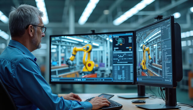 Senior engineer monitors automated robot arm assembly line on computer screen. Man works with industrial tech software for manufacturing production. Pro designs, controls smart factory process,