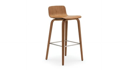 Modern wooden bar stool with leather backrest and metal footrest.