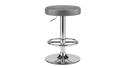 A modern, adjustable height bar stool with a round, gray seat and a chrome base.