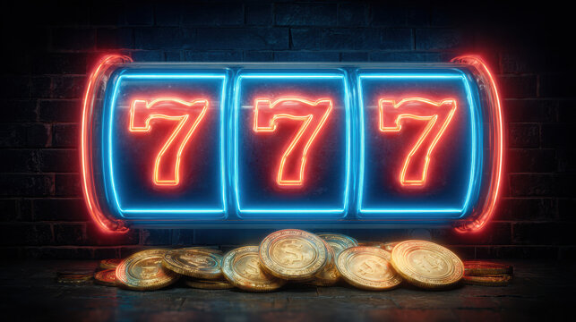Vibrant neon slot machine display showing lucky triple sevens on a dark brick wall. Golden coins pile up below, signifying a big casino jackpot win.