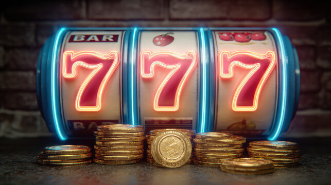 Classic slot machine displaying a winning 777 jackpot with vibrant neon glow. Gleaming golden coins below symbolize luck and success in a casino game.