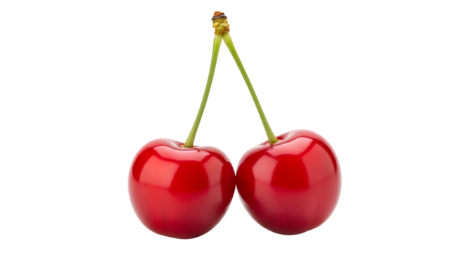 Two red cherries with stems isolated on white background
