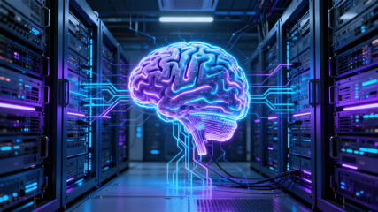 A glowing, blue brain made of neon lights stands amidst rows of server racks. This setup illustrates the connection between artificial intelligence and technology in a high-tech environment