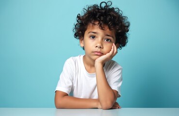 Sad mixed race boy sits at table. Child looks unhappy, tired. Curly hair kid rests head on hand. Portrait studio shot on blue background shows stress and boredom.