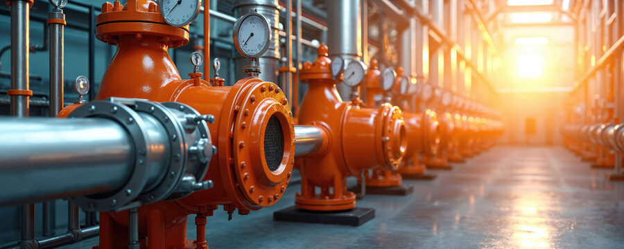Industrial boiler room with rows of orange pumps and metal pipes under bright sun flare. Pressure gauges monitor system function. Power plant equipment operates.