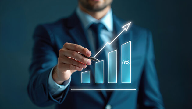Businessman draws upward bar chart with arrow indicating growth. Digital graph shows positive progress, 8 increase. Business plan concept visualized for success and profit.