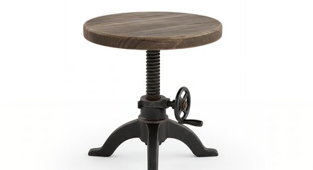Adjustable wooden table with metal base and crank handle.