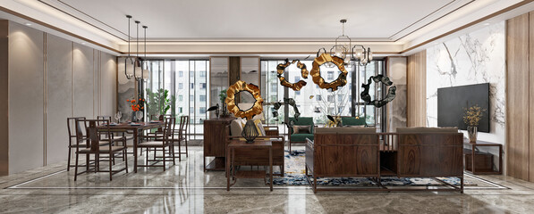 3d render of modern luxury home interior living and dining room