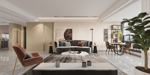 3d render of modern luxury home interior living and dining room