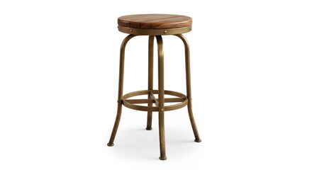Vintage metal stool with round wooden seat on white background.