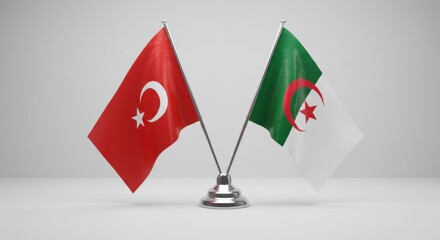 Diplomatic Flags: Two national flags, representing different countries, stand proudly on display. Illustrating international relations, cooperation, and diplomatic ties.