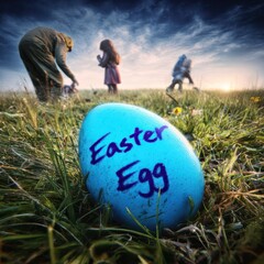 Large blue easter egg in field with figures silhouetted in background