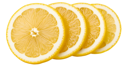 Four lemon slices arranged in a row on white background