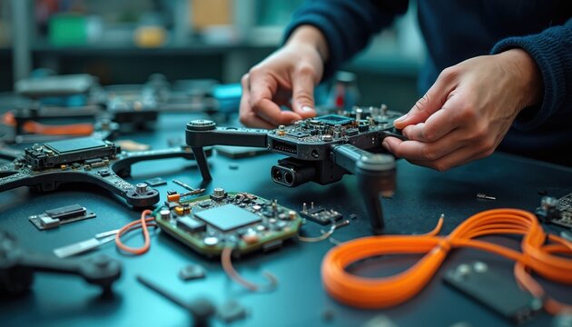 Close-up of hands assembling drone on workbench. Circuit boards, components are scattered around, showcasing intricate tech repair. This image represents innovation hobbyist electronics enthusiasts.