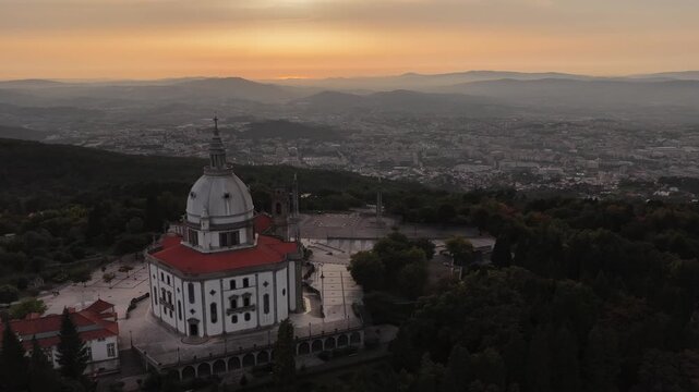 View from Sameiro sanctuary to Braga city reveal at sunset 