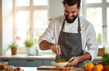 Cheerful bearded man chef prepares homemade healthy food in modern kitchen interior. Salts fresh dish bowl with pasta soup, smiling happily. Cook enjoys preparing tasty meal at home, focusing on good