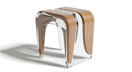 A modern minimalist stool crafted from clear acrylic and bent light wood, isolated on a white background with a soft shadow.