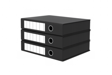 Stack of three black ring binders storing documents and files, representing office organization and data management, on transparent background