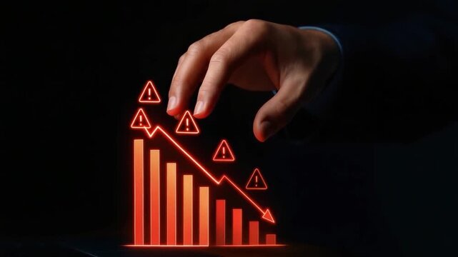 Hand Manipulating Graphs Warning Signs Indicating Financial Decline and Caution in Business Statistics Analysis