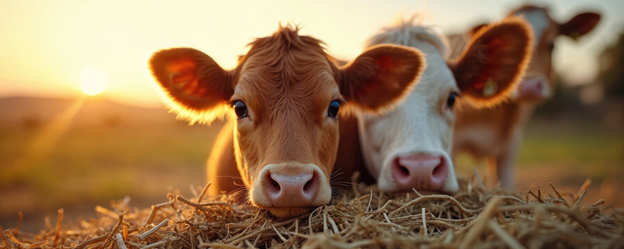 Cows eat hay in a field at sunrise. Calves look into camera, young cattle eat straw. Brown and white cow in a green field at morning. Farm animals graze together, peacefully eat hay.