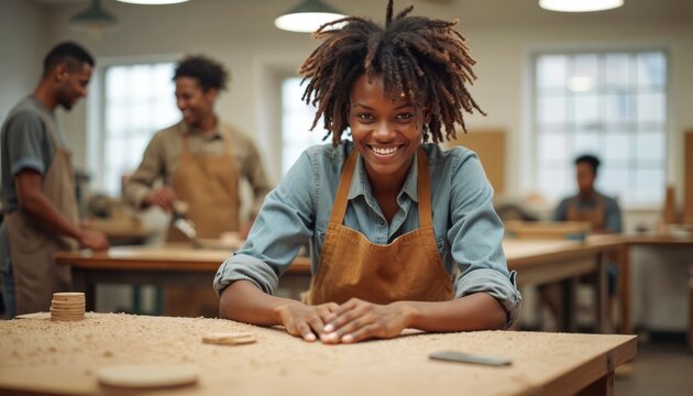 Young woman smiles in woodworking class. Diverse students learn carpentry skills in workshop. People train craft profession, build wood furniture. Artisans work indoors with tools, expertise.