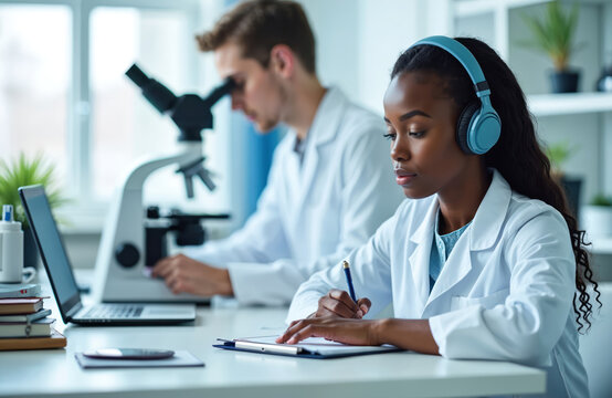 Young African woman writes research notes in modern lab, wearing blue headphones. Male scientist uses microscope nearby. Work on medical science, health care innovation, education. Team conducts