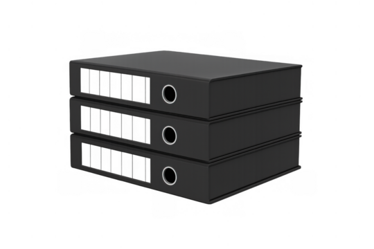 Stack of three black ring binders storing documents and files, representing office organization and data management, on transparent background