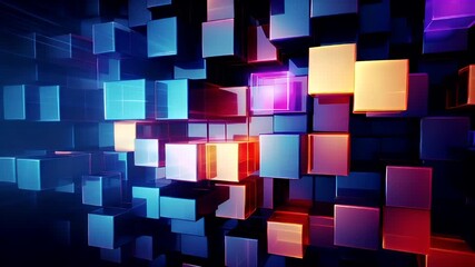 Digital art wallpaper background. abstract digital artwork with neon lights and geometric shapes in a dark background. The color palette is vibrant and varied, with hues of blue, pink, yellow.
