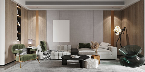 3d render of modern luxury home interior living and dining room